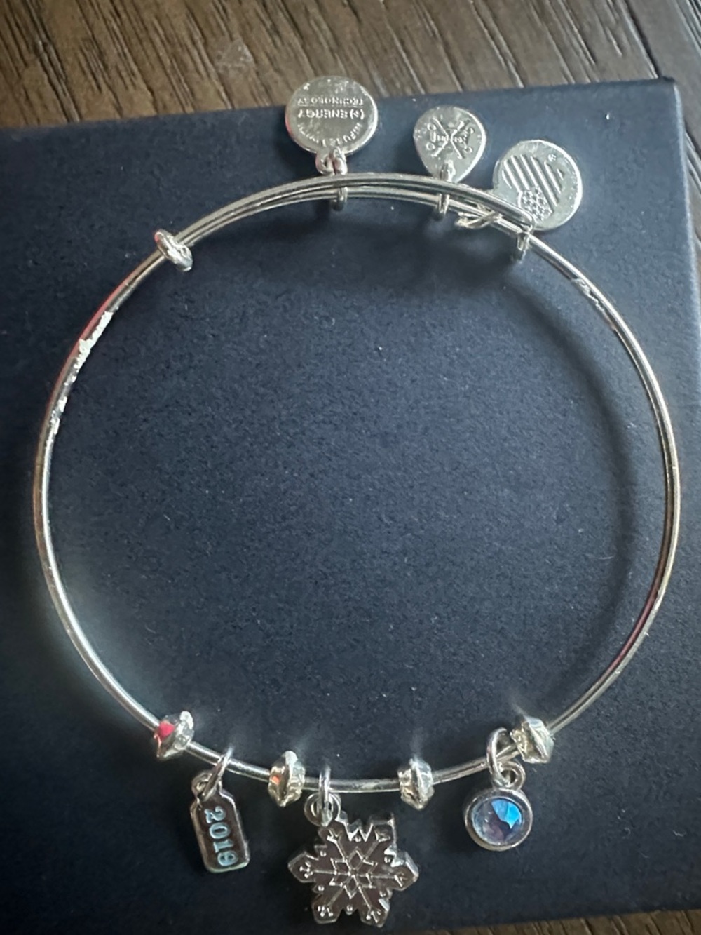 Alex and Ani 2019 Silver Snowflake and Blue Crystal Charm Bangle